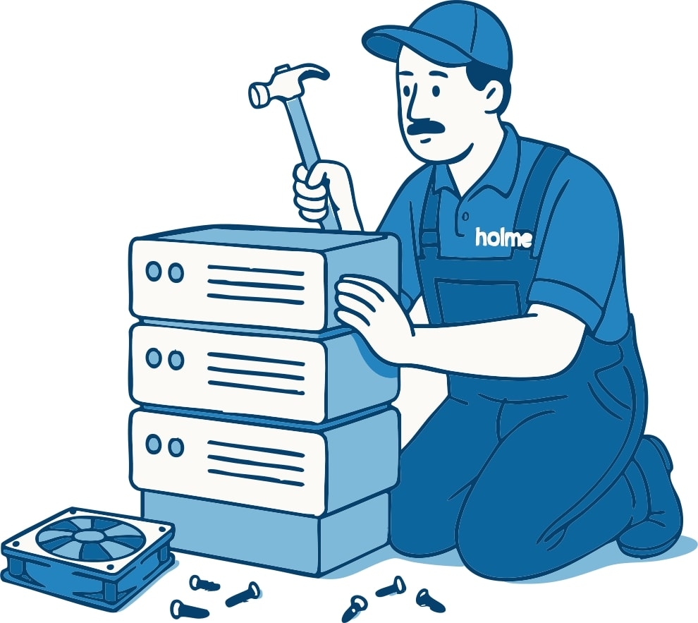 Handwerker sitzt vor einem Server